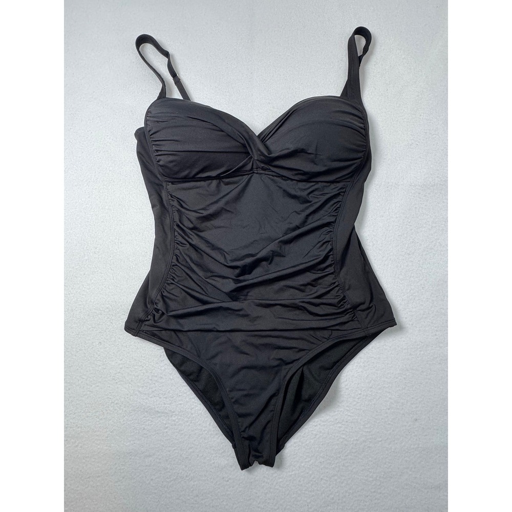 Classic Liz Claiborne Womens Size 16 One Piece Swimsuit Black Ruched Sweetheart‎